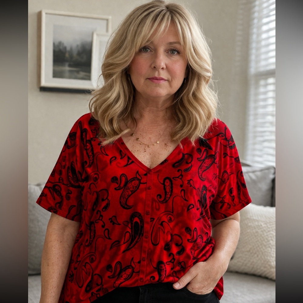 Maggie Barnes Red V-Neck Short Sleeve Sweater with Black Paisley